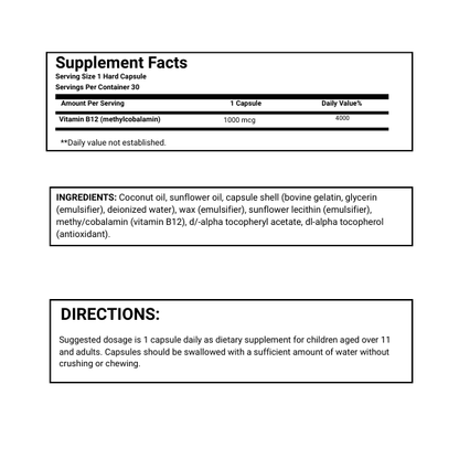 ZADEVITAL Vitamin B12 – 1000 mcg Methylcobalamin 30 Softgel Capsules - American Billal Nature Inc